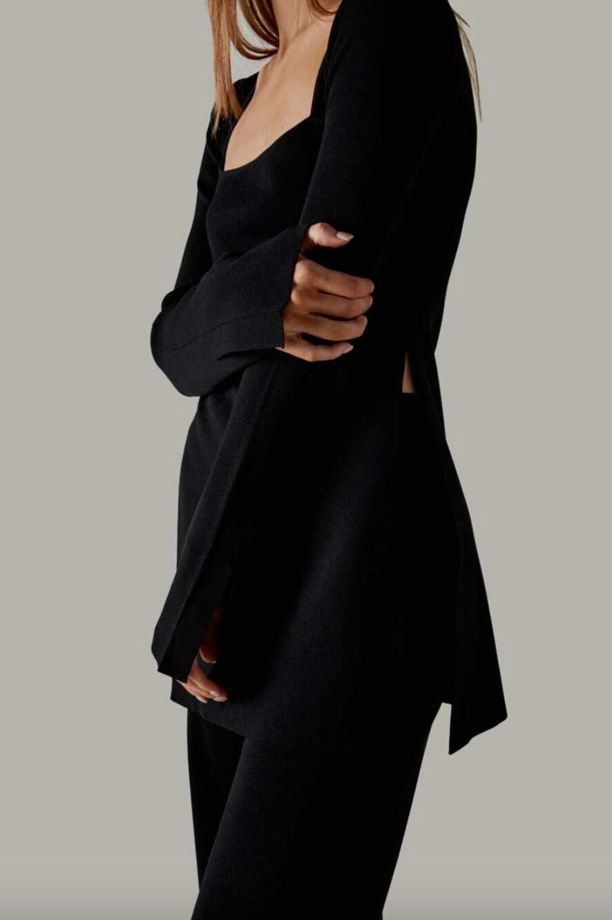 SIMON MILLER | Zozo Black Square Neck Knit Long Sleeve Tunic Top Side Slits S